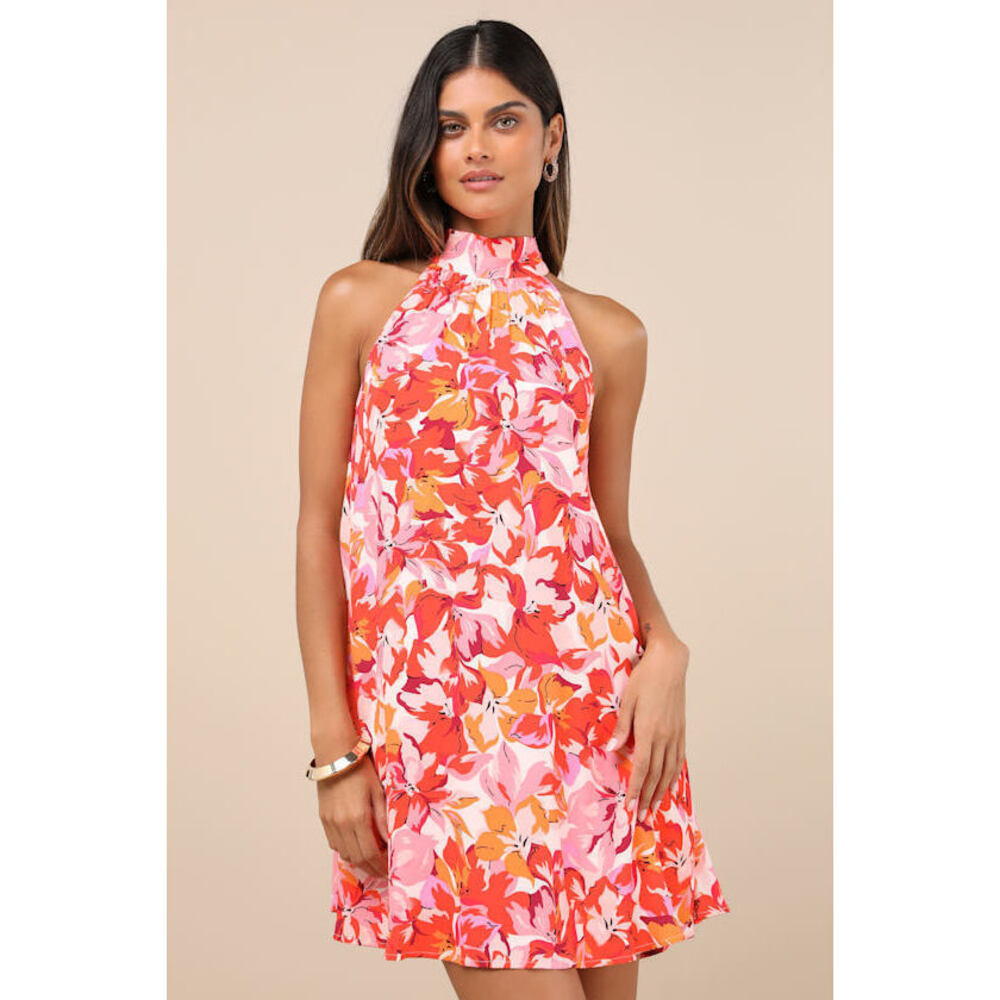 Lulus Tied Back To You Red And Pink Floral Print Mini Shift Dress - Size S